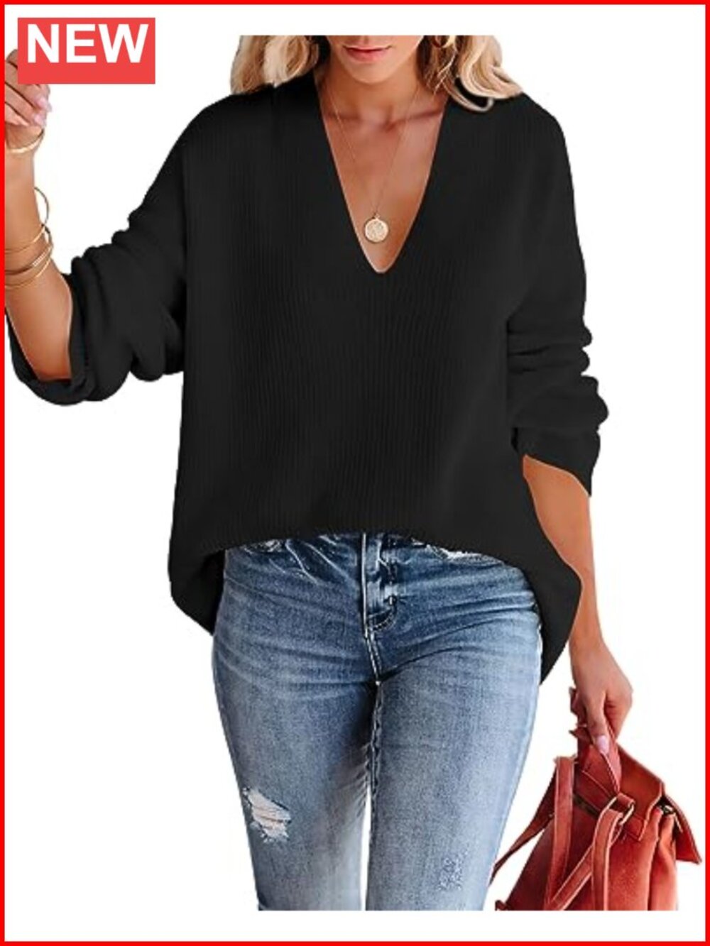 Imily Bela Womens Oversized Deep V Neck Sweater Waffle Knit Long Sleeve Tunic